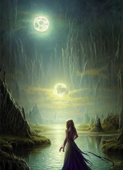 Prompt: fantasy book cover, full moon, fantasy bayou landscape, goddess in a flowing dress in the middle, back view, iridescent elements, fantasy magic, dark light night, intricate, elegant, sharp focus, illustration, highly detailed, digital painting, concept art, matte, art by wlop and artgerm and greg rutkowski and albert bierstadt, masterpiece