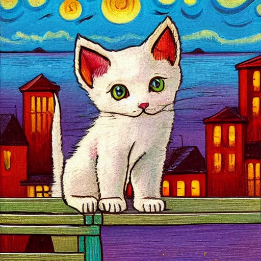 Image similar to a small sad white kitten at fisherman's wharf in San Francisco, fantasy illustration, Louis William Wain