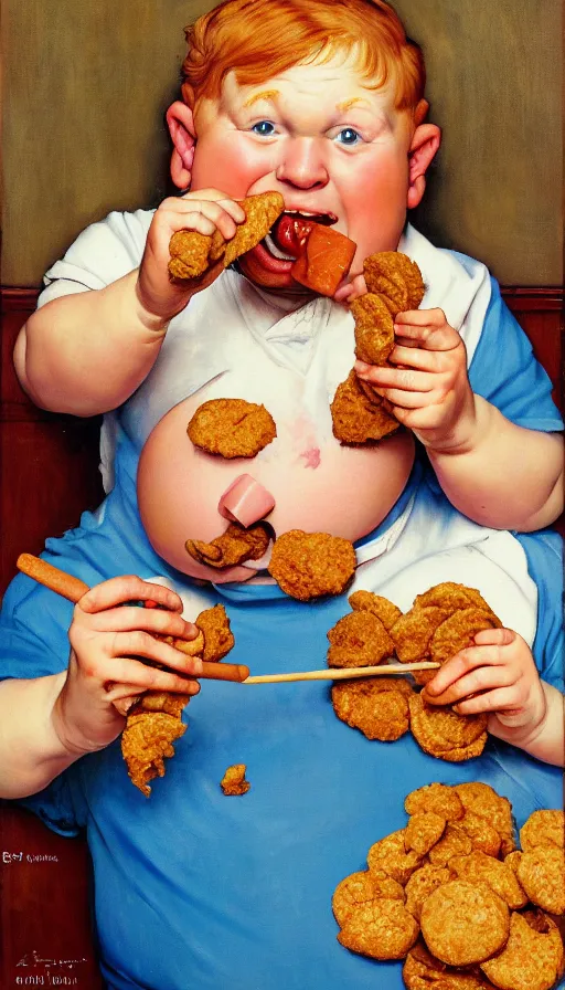 Image similar to painting of a ginger hair chubby boy eating a delicious cholocate chunks cookies, buzz cut, america, norman rockwell