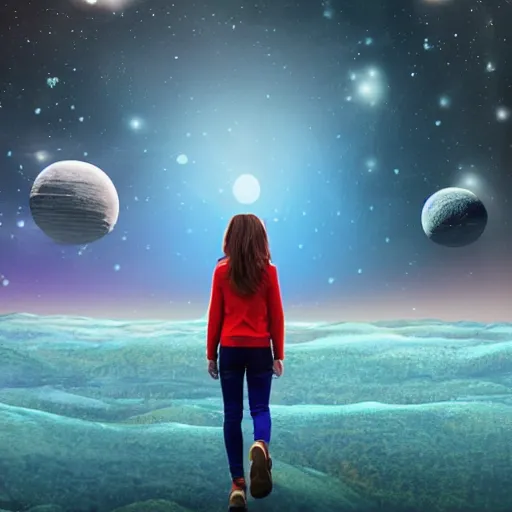 Prompt: girl walking on an alien planet