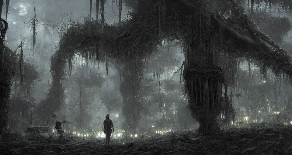 Prompt: craig mullins and ghibli digital art of the vine walls, the moonlight pouring from the top, the atmosphere is ghostly, the bronze coffin in the middle, dragged by chains. color gray depression, moderate gray ， unreal engine, hyper realism, realistic shading, cinematic composition, realistic render, octane render, detailed textures, photorealistic, wide shot