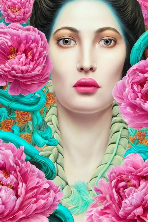 Prompt: hyperrealism close-up mythological portrait of a huge number of peony flowers merged with female with snake, turquoise palette, pale skin, wearing fuchsia silk robe, in style of classicism