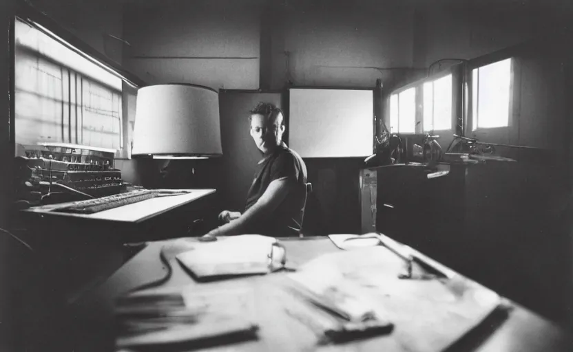 Image similar to man sitting facing away, working in low lit radio booth, one single lamp, dingy, colour film, keyboard, door to lab, sweaty, tannoy, strange