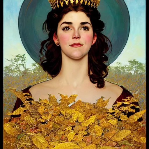 Image similar to left side portrait of a young queen with a golden crown, head only, headshot, royalty, surrounded by gold leaves by Stanley Artgerm Lau , greg rutkowski, thomas kindkade, alphonse mucha, loish, norman rockwell, J. C. Leyendecker. dark brown hair, mouth slightly open, thorn frame. D&D, fantasy. Trending on artstation rule of thirds extremely detailed render, extremely realistic, detailed lighting, octane hd 4k