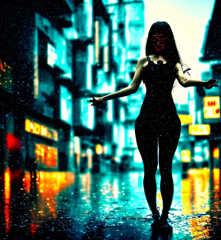 Image similar to a photo close up cyberpunk woman dancing in the rain, cyberpunk hiroshima, prefecture streets, sunset, photorealistic, cinematic lighting, highly detailed, bokeh, style by tomino - sama