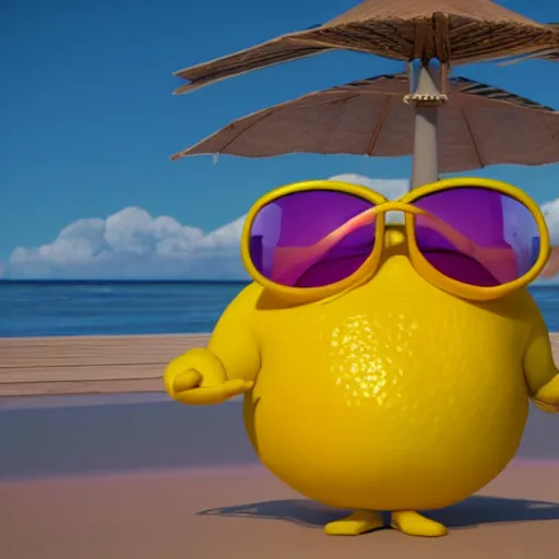 Prompt: octane render, 3 d render, pixar still, lemon character wearing sunglasses relaxing on the beach