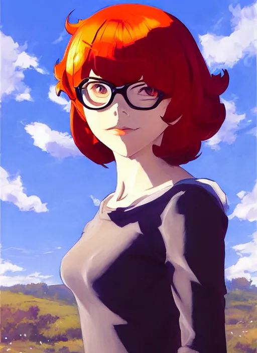 Image similar to Greg Manchess painting of Velma Dinkley in the style of Persona 5, anime style, winged eyelashes, countryside, calm, fantasy character portrait, dark outlines, dynamic pose, above view, sunny day, artwork by Makoto Shinkai, very coherent asymmetrical artwork, sharp edges, perfect face, simple form, 100mm