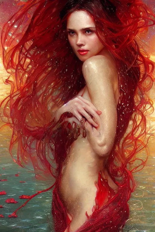 Image similar to portrait of a beautiful woman wearing a red dress, drenched body, wet dripping hair, emerging from the water, fantasy, regal, fractal crystal, fractal gems, by stanley artgerm lau, greg rutkowski, thomas kindkade, alphonse mucha, loish, norman rockwell ross tran