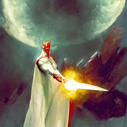 Prompt: Artwork by Craig Mullins, human size mantis mage in white cape casting fireball using a long magic stuff.