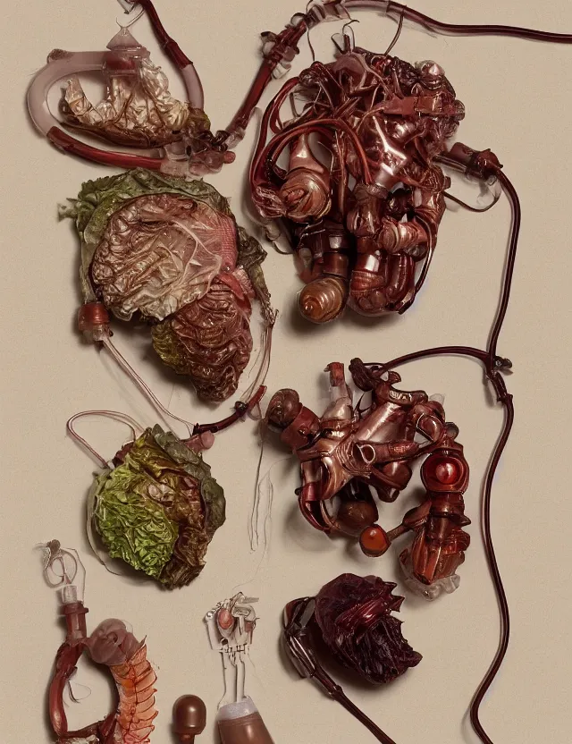 Image similar to a well - lit studio photograph of various earth - toned plastic translucent artificial hearts and organs, some wrinkled resembling reddish brown plastic cabbage, some long, various sizes, textures, and transparencies, beautiful, smooth, layered detailed, intricate art nouveau internal anatomy model