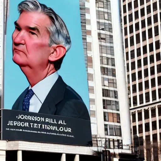 Image similar to a billboard of Jerome Powell promoting Inflation