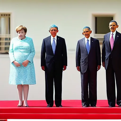 Image similar to A Family picture ofXi Jinping and Obama’s Family including their child, while Angela Merkel stands depressed in the corner, casual, beach, family, photograph, realistic