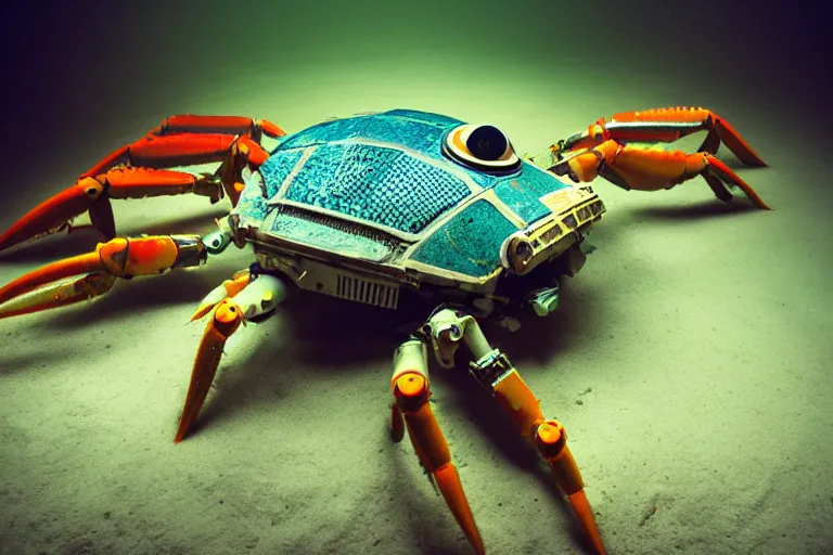 Image similar to robot cute cyborg - crab underwater, in 2 0 1 2, bathed in the the glow of a crt television, crabcore, low - light photograph, photography by tyler mitchell