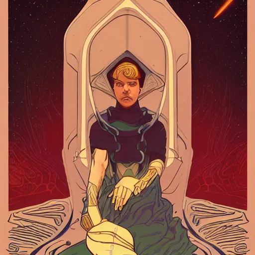 Image similar to majestic dune themed paul atreides messianic tarot card by sachin teng, moebius, artgerm, alphonse mucha, masterpiece, organic painting, matte painting, futuristic geometrical drawing shapes, desert ambience, hard edges, graffiti, poster art by sachin teng