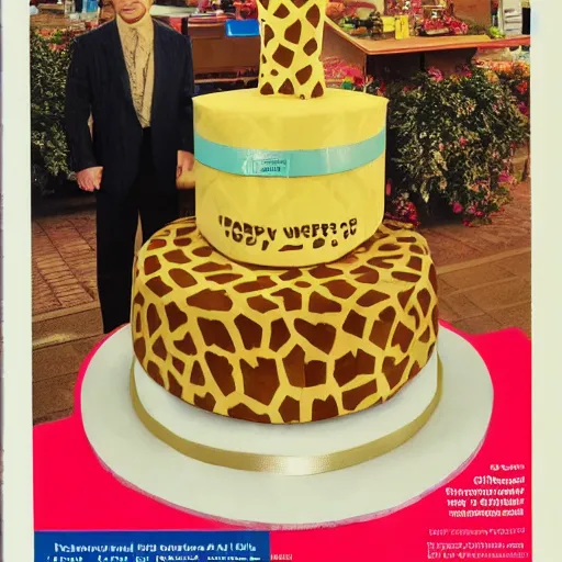 Prompt: an advertisement photo of a huge cake in the shape of an giraffe