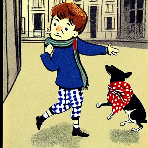 Image similar to book illustration of a french boy on the streets of paris playing football against a corgi, the dog is wearing a polka dot scarf, 1 9 6 6