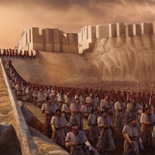 Image similar to Matte painting of a row of men in Biblical outfits marching in front of the walls of Jericho. People are standing on the walls looking down at them. sunrise, epic, cinematic lighting, detailed digital art trending in artstation