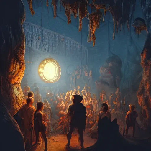 Image similar to Intricate detailed illustration, A human zoo in hell, cinematic lighting, by Philip Hood, wide angle, volumetric light scattering, 8k, artstation, concept art,