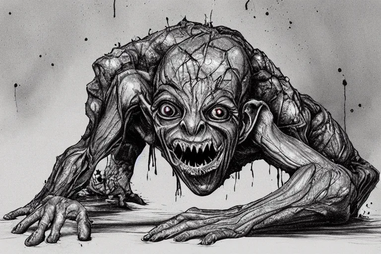 Prompt: An Asmongold Gollum hybrid crawling across an unclean floor towards a box of Dr. Pepper. by Stephen Gammell. colorized.