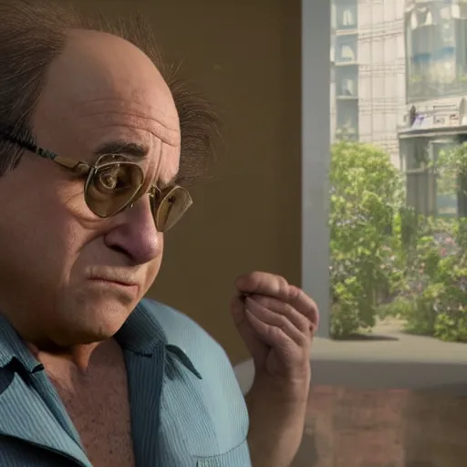 Image similar to hyperrealistic film still of danny devito as ace ventura pet detective in miami, stunning 3 d render, inspired by istvan sandorfi & greg rutkowski & unreal engine, perfect symmetry, dim volumetric cinematic lighting, 8 k octane comprehensive render, extremely hyper - detailed, incredibly lifelike attributes, intricate, real flesh texture, masterpiece, artstation, stunning,