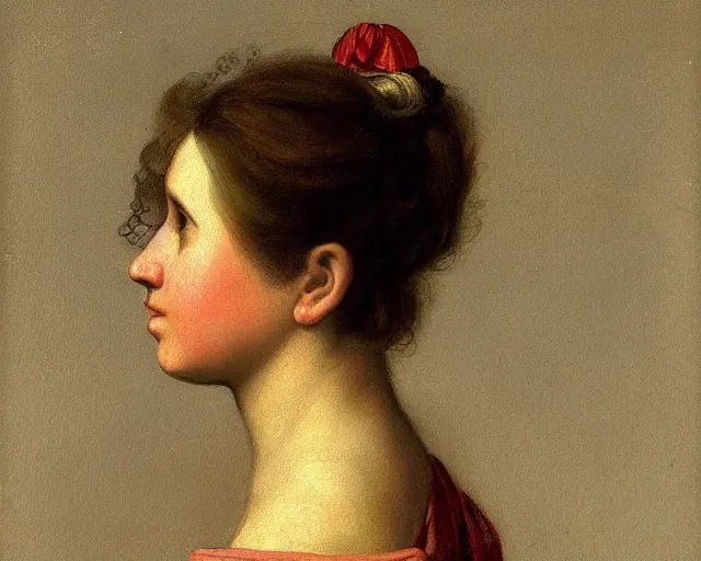 Image similar to colored portrait. the same style. a very unique profile, seen from the side, medium shot, of a woman's profile, with fat face, a straight and long nose, and huge and prominent eyes. her hair is curly. old photograph. sharp image. academicism, highly detailed, color harmony, art station, ornate, caravaggio style. old photography