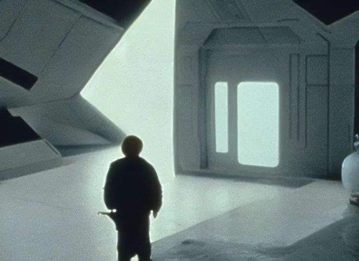 Image similar to portrait of Mark Hammill, screenshot from the iconic scene from the lost star wars 1980s film directed by Stanley Kubrick, cinematic lighting, unsettling set design with extreme detail, moody cinematography, with anamorphic lenses, crisp, detailed, 4k image