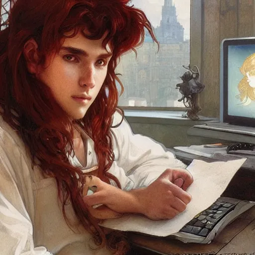 Image similar to a red-haired long-haired teenage boy sitting at a computer, lions around him, painting by artgerm and greg rutkowski and alphonse mucha, smooth sharp focus