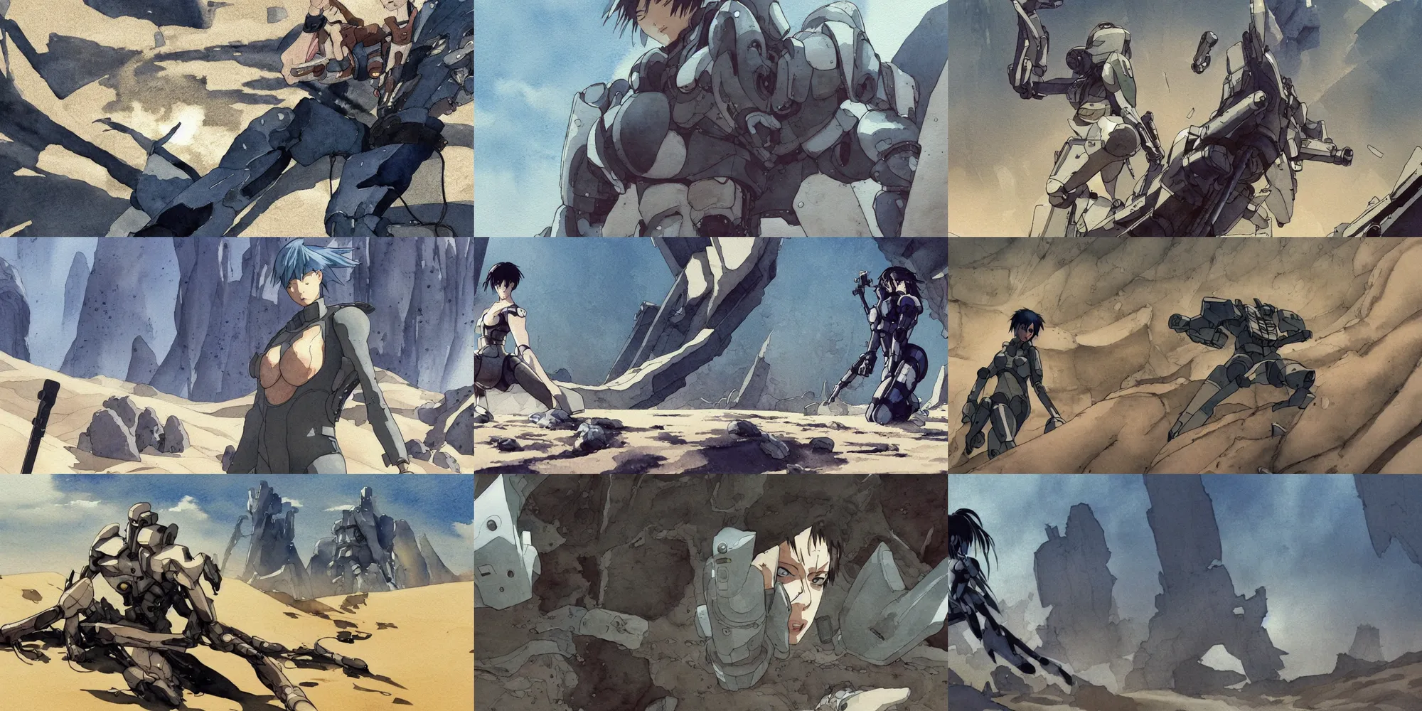 Prompt: incredible low angle screenshot, simple watercolor, masamune shirow ghost in the shell movie scene close up broken Kusanagi, uncovering a rusting robot ribcage and spine poking out of sand dunes, in the desert, crazy looking rocks, chasm, death vally, cracks, brown mud, dust, impossible geometry, falling apart, take cover, bullet holes,last man standing, memorable scene, red, blue, orange, cool hair, melting, danger, death, chaos, bodies on the ground, heavy rain, pipes, metalic reflections, refraction, bounce light, phil hale,Yoji Shinkawa, bright rim light, hd, 4k, remaster, dynamic camera angle, deep 3 point perspective, fish eye, dynamic scene