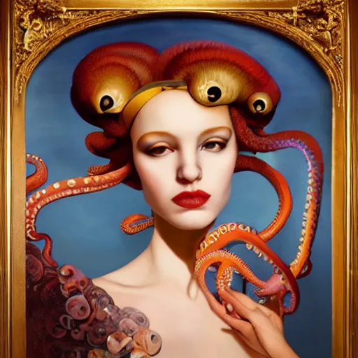 Prompt: dynamic composition, a painting of a man with hair of octopus tentacles and sea weed wearing ornate earrings, a surrealist painting by tom bagshaw and jacek yerga and tamara de lempicka and jesse king, featured on cgsociety, pop surrealism, surrealist, dramatic lighting, magick, pre - raphaelite, ornate gilded details