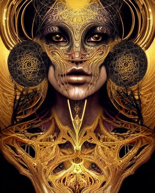 Image similar to hyperrealistic detailed portrait of a beautiful dark goddess in an intricate golden ornamental geometrical ritual mask, intricate cyberpunk make - up, insane details, art by ernst haeckel, nekro borja, android jones, alphonso mucha, gothic - cyberpunk, ornamental, beautiful deep colours,