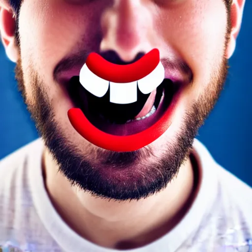 Prompt: photograph of smiling man with christian crosses inside his mouth, 8k resolution, high detail, ULTRA REALISTIC VFX, reflections