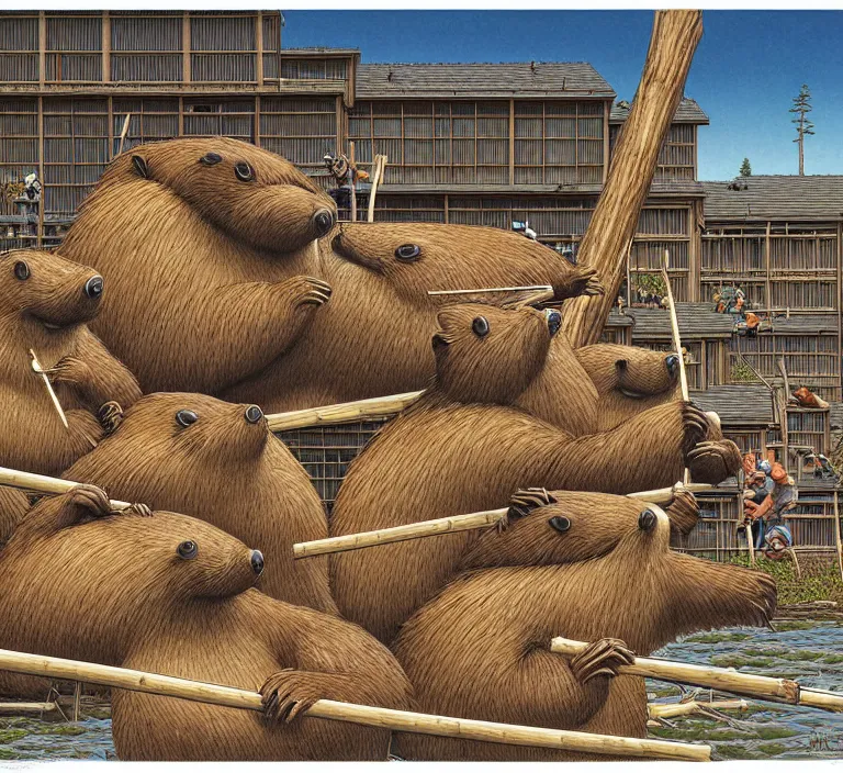 Image similar to photography hyperrealism concept art of highly detailed anthropomorphic beavers builders that building city with sticks by hasui kawase