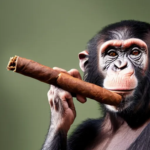 Image similar to a high detail closeup shot of a chimp wearing a suit, smoking a cigar