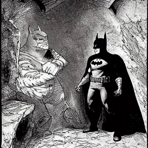 Image similar to batman and robin in the batcave by goya
