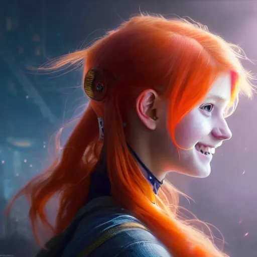 Image similar to portrait painting of a cute teenage girl with wild orange hair and a bright smile wearing cyberpunk clothes, ultra realistic, concept art, intricate details, eerie, highly detailed, photorealistic, octane render, 8 k, unreal engine. art by artgerm and greg rutkowski and charlie bowater and magali villeneuve and alphonse mucha