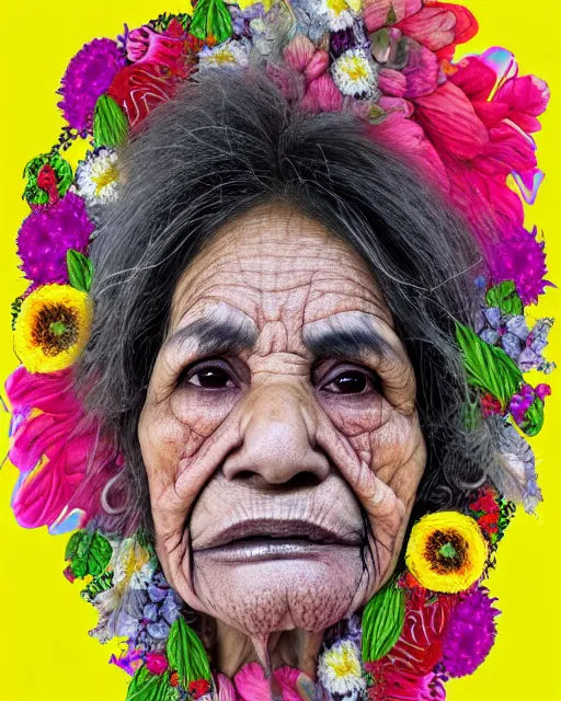 Image similar to a portrait of a beautiful fleshy old mexican woman who is surprised she is still alive, covered in flowers in the style of guiseppe arcimboldo and james jean, covered in wispy gray hair with a hint of neon, mixed media, hd, 3 d