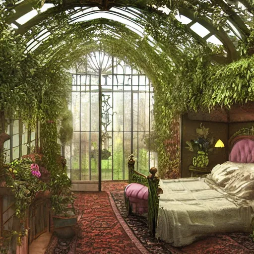 Image similar to a musical bedroom victorian greenhouse. The greenhouse is built into a giant oak tree, ornate, beautiful, atmosphere, vibe, flowers, concept art illustration, Greg rutowski, volumetric lighting,