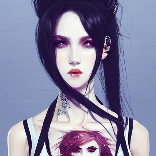 Prompt: a beautiful punkrock woman in crop top, by guweiz and wlop, symmetrical eyes, aesthetic, gorgeous, stunning, alluring, attractive