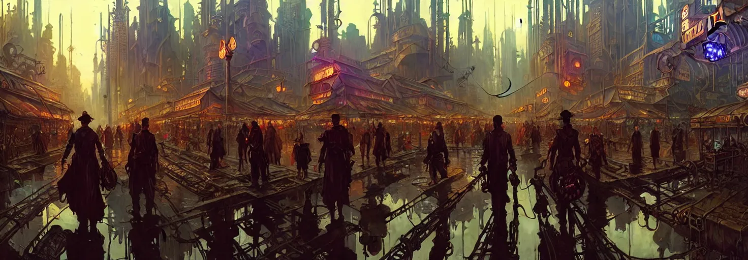 Prompt: steampunk cyberpunk city in a swamp, busy market, godrays, cinematic, poster art by weta studio, lucasfilm jesper ejsing, norman rockwell, mucha, ilya kuvshinov, greg rutkowski frank frazzeta on artstation