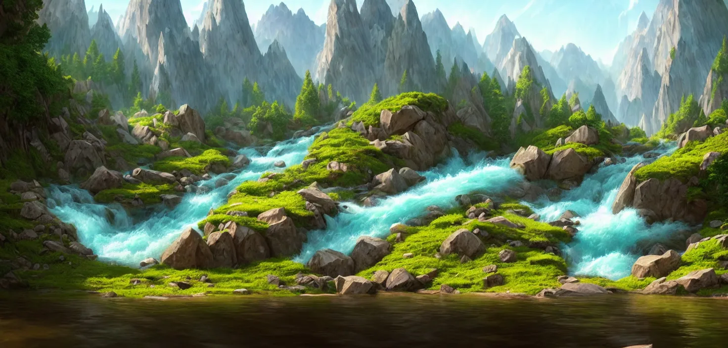 Prompt: lake in mountains streams and rivers flow down slopes of mountains and rocks into the valley spring in mountains, trumpet, by dom qwek, fish eye view, trending on polycount, artstation, 3 d hammer modeling, hd, vray, 8 k, sharp high quality artwork in style of greg rutkowski, concept art, blizzard warcraft artwork, hearthstone card artwork