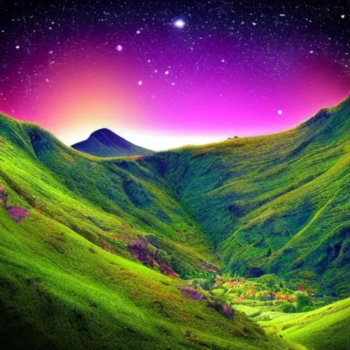 Image similar to the most beautiful and lush landscape in the universe, colorful mountains and green hills, planets in the sky and shooting stars, realistic lighting