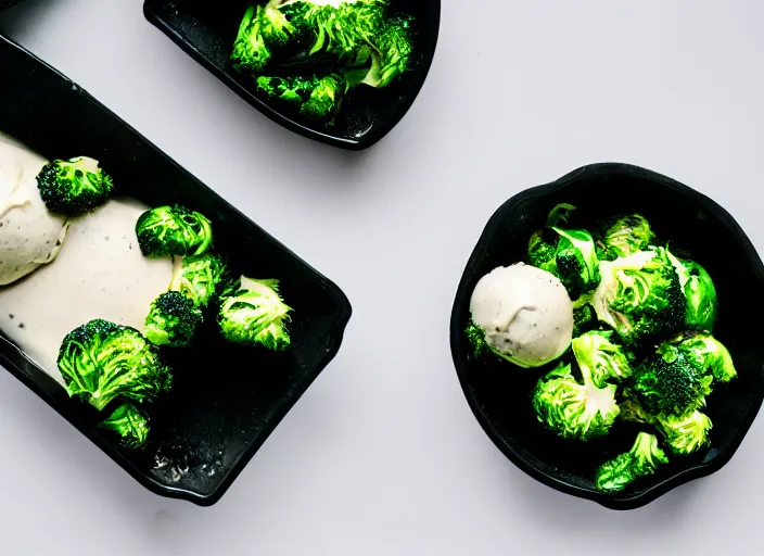 Prompt: dslr food photograph of broccoli and brussel sprout ice cream, 8 5 mm f 1. 8