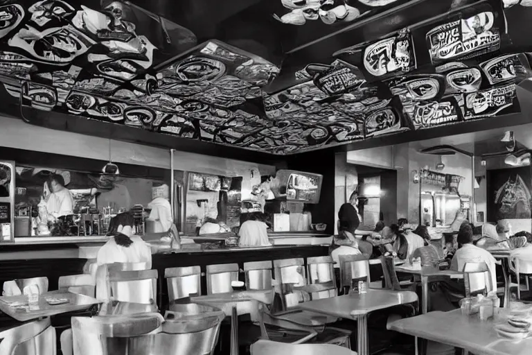 Image similar to a fast food restaurant interior filled with people inspired by HR Giger