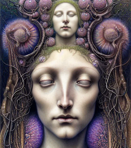 Prompt: detailed realistic beautiful alexandrite goddess face portrait by jean delville, gustave dore, iris van herpen and marco mazzoni, art forms of nature by ernst haeckel, art nouveau, symbolist, visionary, gothic, neo - gothic, pre - raphaelite, fractal lace, intricate alien botanicals, biodiversity, surreality, hyperdetailed ultrasharp octane render