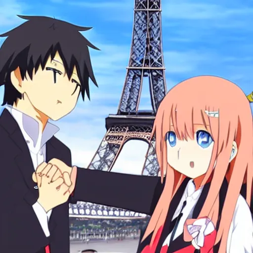 Image similar to Hikigaya Hachiman holding hands with Zero Two in front of the Eiffel Tower, anime style