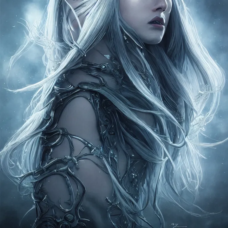 Image similar to beautiful cinematic fantasy poster, sci-fi, semi-transparent, beautiful female ghost with brilliant silver flowing hair and a brilliant jeweled silver helm, beautiful white glowing eyes, wideshot ultrawide angle epic scale, hybrid from The Elden Ring and art direction by Darius Zawadzki ;by artgerm; wayne reynolds art station; cinematic quality character render; low angle; ultra high quality model; production quality cinema model;