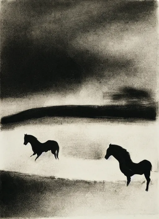 Prompt: three horses running in a field, by norman ackroyd