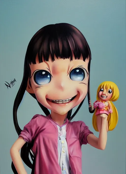 Image similar to a hyperrealistic oil painting of a kawaii anime girl figurine caricature with a big dumb grin featured on Nickelodeon by Dave McKean