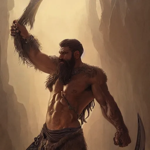 Prompt: portrait of a gruff ranger, muscular, upper body, hairy body, D&D, fantasy, intricate, elegant, highly detailed, digital painting, artstation, concept art, matte, sharp focus, illustration, art by Artgerm and Greg Rutkowski and Alphonse Mucha