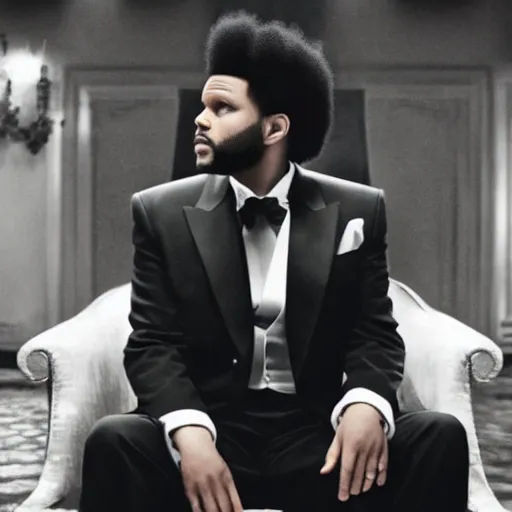 Image similar to Live Action Still of The Weeknd in The Godfather, real life, hyperrealistic, ultra realistic, realistic, highly detailed, epic, HD quality, 8k resolution, film still